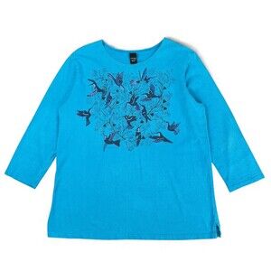 SABAKU Artsy Top Size M Ethnic Desert Flowers Hummingbirds 3/4 Sleeve Turquoise